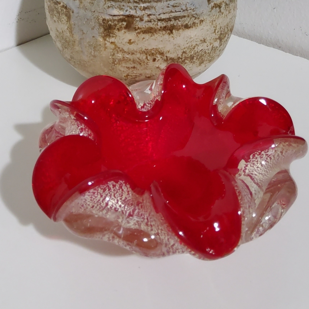 Vintage Murano Venetian Red Glass and Silver Leaf Bowl